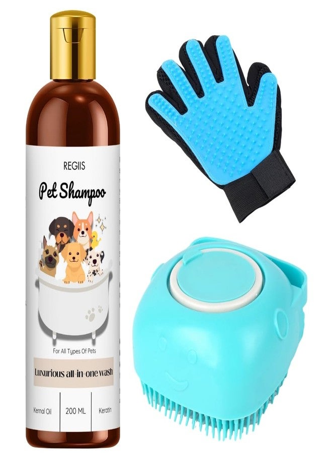 مجموعة شامبو ريجيس للحيوانات الأليفة مع فرشاة تنظيف، أداة تدليك من السيليكون، قفاز لإزالة شعر الحيوانات الأليفة، غسول شامل للكلاب، 200 مل (عبوة من 3 قطع) - Image 1